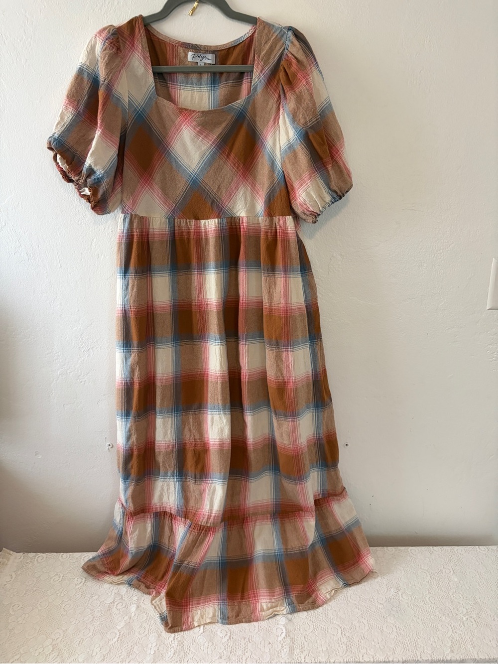 Polagram Plaid Puff-Sleeve Midi Dress in Tan, Cream, Blue and Pink